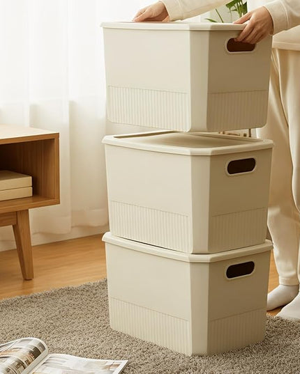 ANMINY 5PCS Plastic Storage Bins Containers with Lids, Large Storage Organization Bins Boxes, Lidded Plastic Storage Baskets for Closet Shelves Drawers Desktop Home Office, Ivory