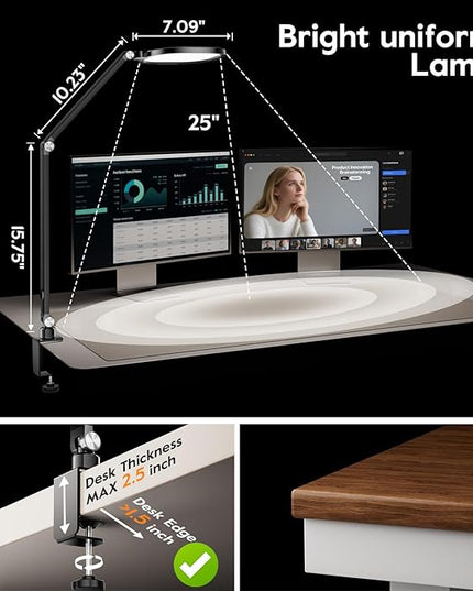 Led Desk Lamps for Home Office, Eye-Care Architect Light with Clamp, Dimmable Zoom Lighting with 3 Color Modes & 10 Brightness, Smart Computer Ring Light for Video Calls, Conference, Reading