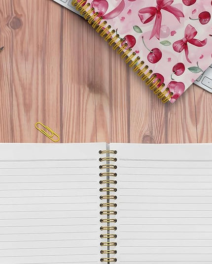 JKMBN Trendy Coquette Pink Bow Cherry Journaling Notebooks, Preppy Spiral Notebook, Cute Notebook Journal for Girls, Pink Office Supplies, Hardcover Spiral Lined Notebook 5.5 x 8.3