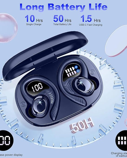 Wireless Earbuds Sport, New Bluetooth 5.4 Headphones with Earhooks, 50H Stereo Deep Bass Over Ear Buds with 4 ENC Noise Canceling Mics, IP7 Waterproof Earphones for Running Workout Gym -Blue