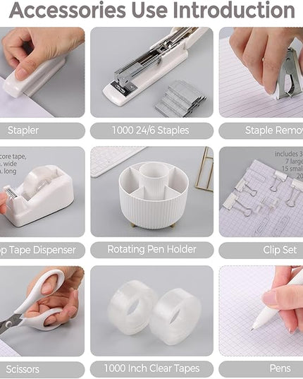 SKYDUE White Office Supplies Set, Office Desk Accessories 10PCS, Pencil Holder for Desk, Stapler, Tape Dispenser, Scissors, Ruler, Binder/Paper Clips and 1000pcs Staples,Desk Supplies Set