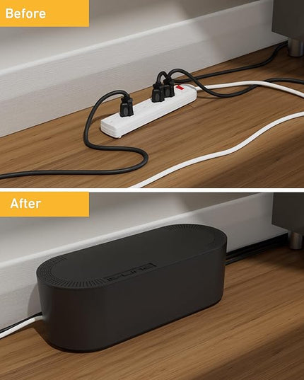 D-Line Cable Management Box, Power Strip Holder, Floor Outlet Hiders, Desk Cord Organizer, Cover TV Wires, Wire Storage, Extension Hider, Office Concealer for Cords, Baby Proof Cables - Large, Black
