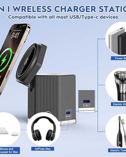 QFUP 5 in 1 Charging Station for Apple iPhone MagSafe Charger, Fast Wireless Charger Stand (1*USB and 2*Type-C) for iPhone 16,15,14,13,12 Series, Apple Watch, AirPods