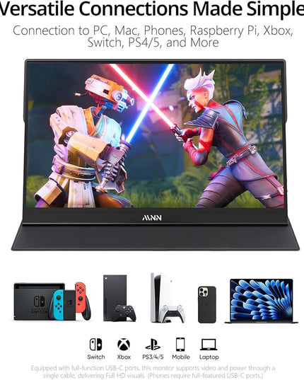 MNN Portable Monitor 15.6inch FHD 1080P USB C HDMI Gaming Ultra-Slim IPS Display w/Smart Cover & Speakers,HDR Plug&Play, External Monitor for Laptop PC Phone Mac (15.6'' 1080P)