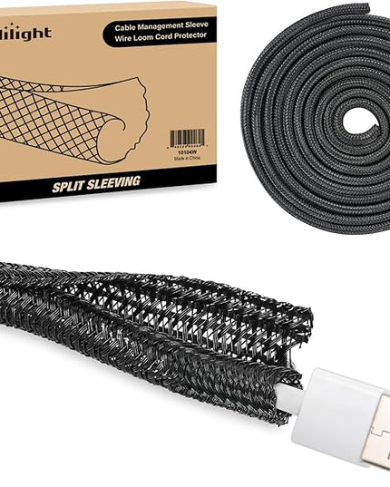 Nilight Cable Sleeve, 10ft-1/4inch Cord Management Sleeves, Braided Sleeving, Split Self Wrapping Wire Loom for Computer Electrical Automotive Harness Protector Organizer, Black