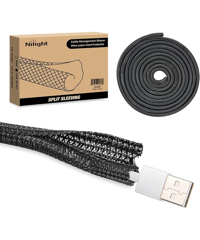 Nilight Cable Sleeve, 10ft-1/4inch Cord Management Sleeves, Braided Sleeving, Split Self Wrapping Wire Loom for Computer Electrical Automotive Harness Protector Organizer, Black