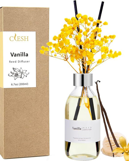Clesh Reed Diffuser Set, 6.7 oz Vanilla Scented Diffuser with Sticks, Home Fragrance Reed Diffuser for Bathroom Shelf Decor