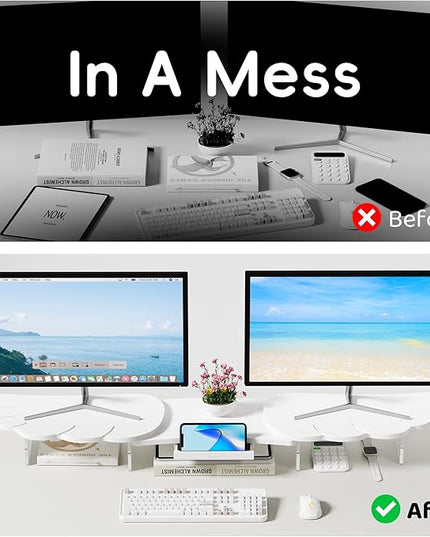 Dual Monitor Stand Riser, Wing-Shaped Sturdy Desktop Wood Stand for 2 Monitors, White Riser for Laptop, PC, Computer