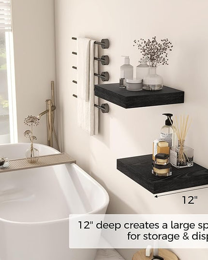 Fun Memories 12 Inch Floating Shelf, Rustic Wood Wall Shelves for Wall Decor & Storage, 12 x 12 Floating Shelf for Living Room, Bathroom, Bedroom, Black, Set of 2