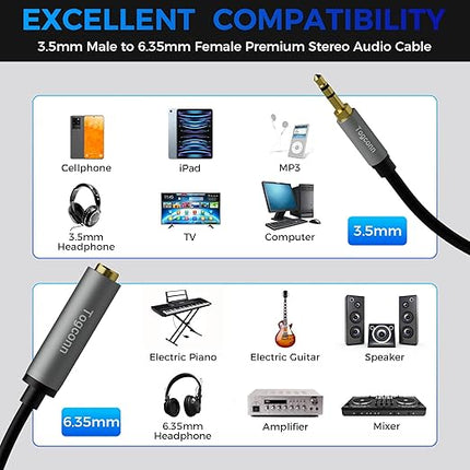 3.5mm to 6.35mm Stereo Audio Cable Adapter 0.6 Feet, 3.5mm 1/8 Inch TRS Male to 6.35mm 1/4 Inch Female Stereo Audio Converter Connector for Phone, Laptop, Headphone, Amplifier, Guitar, Speaker-2 Pack