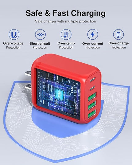60W USB C Wall Charger, 2Pack 5-Port C Charger Fast Charging Block PD Power Adapter +QC 3.0 Multiport Type C Box Brick Cube USB A Wall Plug for iPhone 14/15/16/17 Pro Max, iPad,Samsung Galaxy(Red)