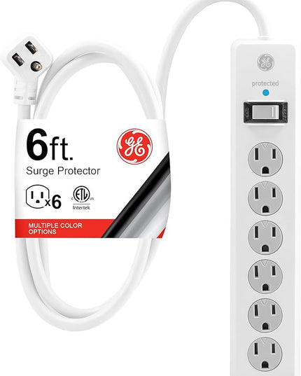 GE Surge Protector Power Strip, 6 Ft Extension Cord, 6 Outlet Extender, 800 Joules, Flat Plug, Twist-to-Close Safety Covers, ETL Listed, White, 67051