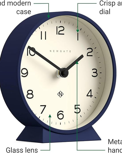 NEWGATE® M Mantel Echo Desk Clock | Modern Round Design | Navy Blue | Easy to Read Numbers | Contemporary Style for Desk, Table, Shelf or Bedside