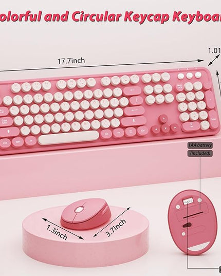 Wireless Keyboard,KOOTOP Cute Colorful 104 Keys Typewriter Retro Round Keycaps Keyboard for PC Laptop,Desktop,Windows, Home and Office Keyboards(Pink)
