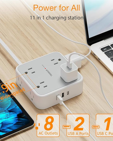 Flat Plug 20 FT Long Extension Cord, TESSAN Ultra Thin Power Strip Surge Protector with 8 AC Outlets, 900J, 3 USB Charger(1 USB C), Multi Port Charging Station for Home, Office, Dorm Room Essentials