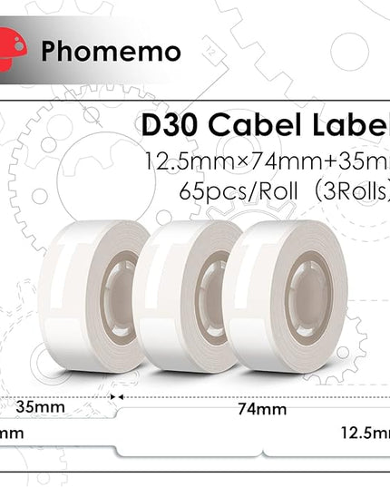 Phomemo D30 Thermal Cable Label Waterproof Wire Cord Labels, (12.5mm X 74mm) 65 Labels/Roll, Tags Stickers Tear Resistant Flexible, Phomemo d30 Label Tape -Black on White Paper, 3 Roll