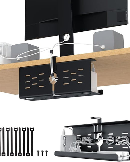 KEEGH 16" Under Desk Cable Management Tray, Desk Cord Organizer Upgrade Capacity, Drill Free Clamp/Screw Mount, Sturdy Metal Tray for Connect Cables, Home, Office, 1 Pack, Black
