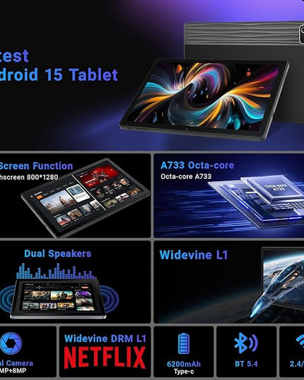 Tablet, 10 inch tablet Android 15 with Octa-core Processor, 30GB+128GB+1TB Expand, 6200mAh, 15W Fast Charge, 1280x800 HD IPS Screen, WiFi 6, BT 5.4, Dual Camera, Widevine L1 support, GMS Certified