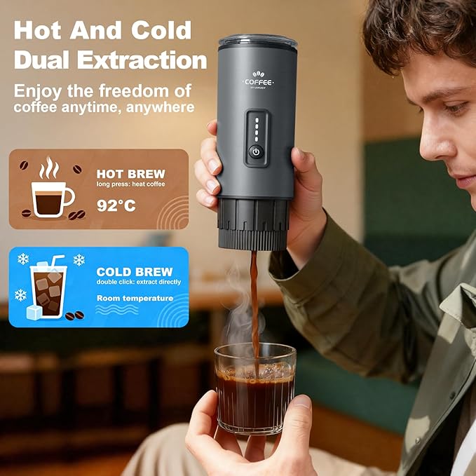 Portable Coffee Maker, 3 in 1 Electric Espresso Machine Set, Rechargeable Self-Heating Brewer with Carrying Bag and Coffee Stand for Office Camping, Hiking