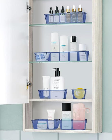 WOWBOX 25 PCS Plastic Drawer Organizer Set, 4 Sizes Desk Drawer Divider Organizers and Storage Bins for Makeup, Jewelry, Gadgets for Kitchen, Bedroom, Bathroom, Office, Clear Dark Blue