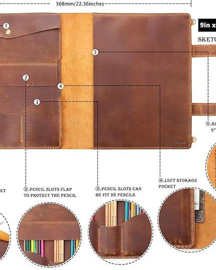 Robrasim Handmade Leather Sketchbook Cover, Artist Sketch Pad Holder for 9"X12" Sketchbook, Drawing Book and Pencil Case, Journal Notebook Portfolio with Shoulder Strap, Artist Gifts, Brown