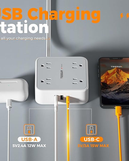 TESSAN Surge Protector Power Strip Flat Plug, Long Extension Cord 10 FT with 8 Outlets, 3 USB Ports(1 USB C), 3-Sided Outlet Extender, 900 Joules Protection, Desk Charging Station for Home, Office