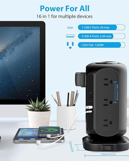 Long Extension Cord 15 ft Power Strip Tower, Surge Protector 12 AC Outlets 4 USB(1 USB C) Ports, Charging Tower Overload Protection with Multiple Outlets for Home Office