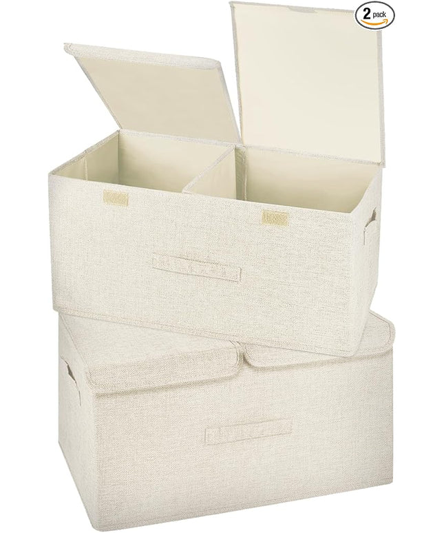 2 Pack Storage Boxes with Lids and Handles, Collapsible Linen Storage Bins Organizer Containers Baskets Cube with Removable Divider for Home Bedroom Closet Office (Cream, Large)