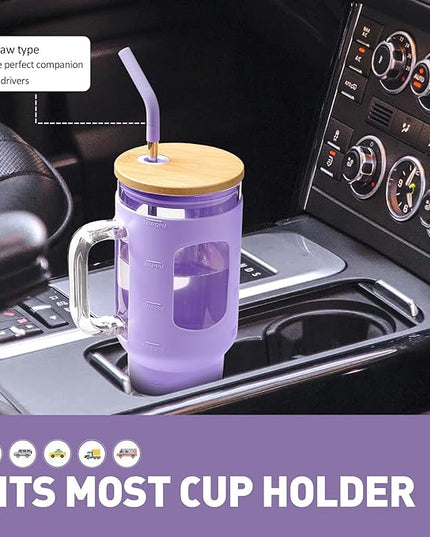 Glass Tumbler with Straw and Lid, 40 oz glass cup with handle, Glass Water Bottles with Time Marker, Silicone Protective Sleeve-Purple