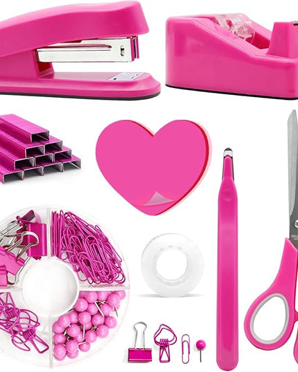 Hot Pink Office Supplies, UPIHO Hot Pink Desk Accessories, Stapler and Tape Dispenser Set for Women with Stapler, Tape Dispenser, Staple Remover, Staples, Clips, Scissor and Sticky Notes for Students