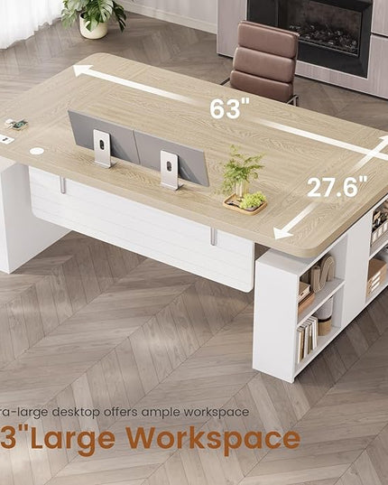 SEDETA 63" Executive Standing Desk with Storage, Executive Height Adjustable Desk with Power Outlets, Large Computer Office Desk with Privacy Panel for Home Office, Natural Oak