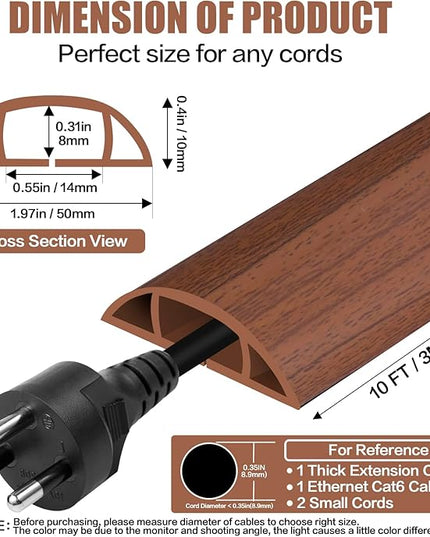 Floor Cord Cover Self Adhesive Cord Hider,10FT Cable Management, Extension Strip Protector for Wires, Prevent Cable Trips for Offices, Gyms, Exhibitions Cavity:0.47"(W) x0.35(H) Wood Red Teak