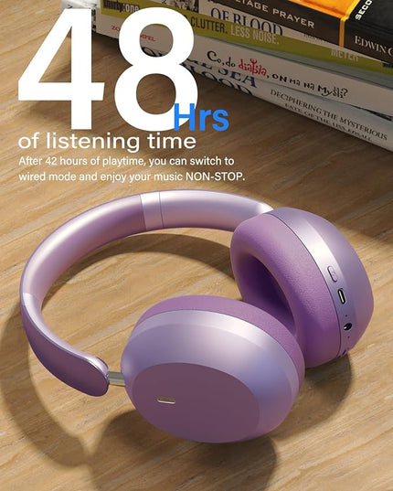 Wentronic Y05 Bluetooth Headphones Wireless Over Ear Noise Cancelling with Microphone 48 Hours Playtime, High Sound Quality Foldable Soft Earpads Headphones for Travel-Purple
