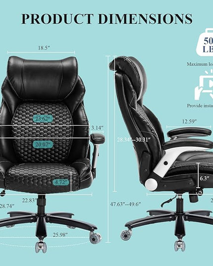 Big and Tall Office Chair,500lbs Capacity Ergonomic Desk Chair for Heavy People,PU Leather Swivel Rolling Computer Chair with Padded Flip-up Arms,High Back Executive Office Chair,Black