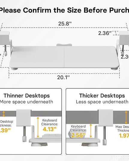 BONTEC KMT01-PJ Under Desk Keyboard Tray, Pull-Out Keyboard & Mouse Platform with C-Clamp, 20 x 11.8 in Space-Saving Ergonomic Slide-Out Drawer, White