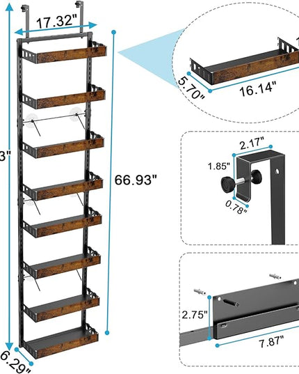 bukfen Over the Door Pantry Organizer, 8-Tier Adjustable Wooden Basket Kitchen Pantry Door Organization and Storage,2 in 1 Wall Mount or Hanging Heavy-Duty Metal Hanging Kitchen Spice Rack,1 Pack