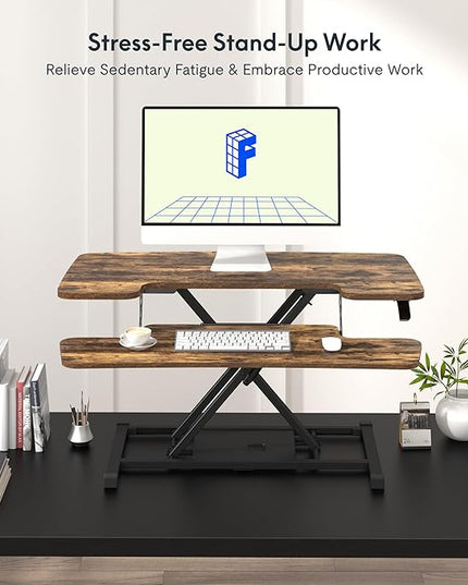 FLXISPOT 36" Standing Desk Converter, Quick Sit Stand up Desktop Riser Height Adjustable Monitor and Laptop Workstation with Keyboard Tray, Rustic Color