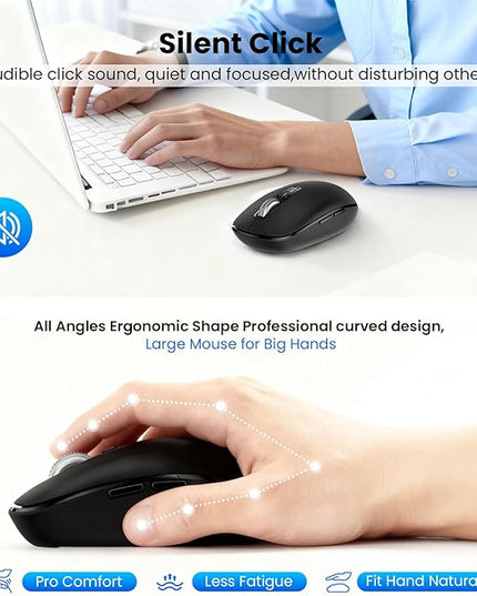 Wireless Bluetooth Mouse,USB+BT×2,Multi Device Ergo Full Size Mouses-big Hand,Metal 4-Way Super Scrolling,± 3000 DPI,10 Buttons,Plug&Play,Quiet,w/ 2 Batteries,Mice for Laptop,Computer,Tablet,Mac,iPad
