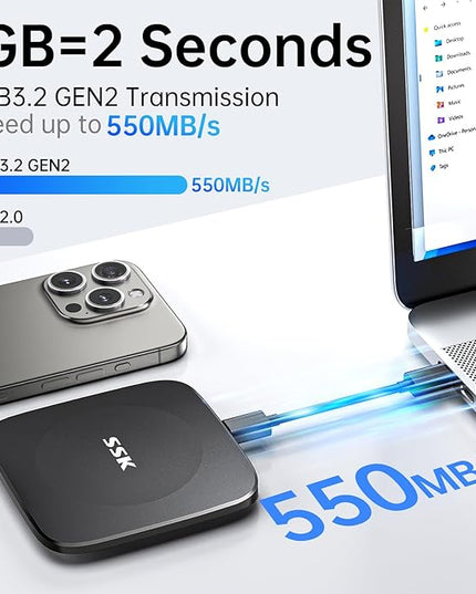 SSK External Drive 128GB,Portable-SSD-Drive up to 550MB/s,SSD External Hard-Drive Type C+USB A Fast Portable Solid State Drives USB-3.2 GEN2 USB Storage for iPhone 15/Android/Windows/Tablet/Mac