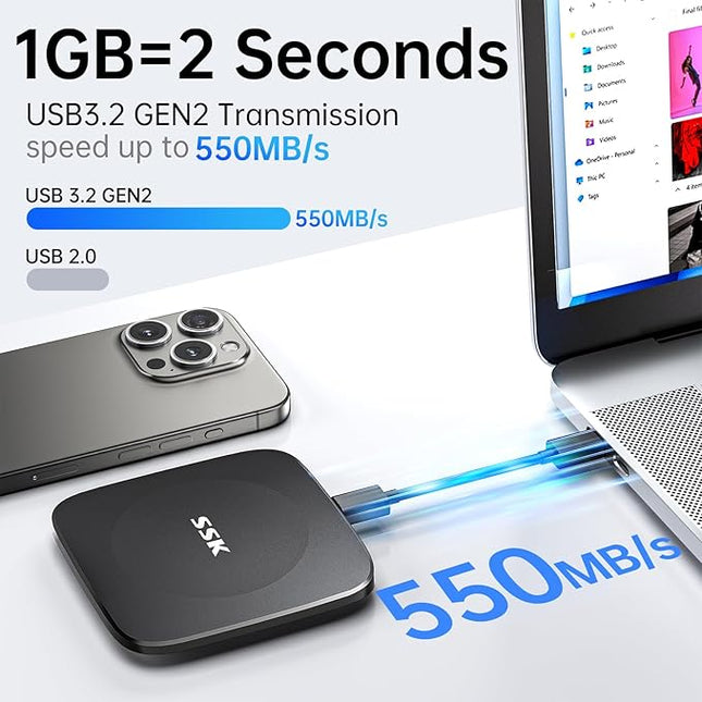 SSK External Drive 128GB,Portable-SSD-Drive up to 550MB/s,SSD External Hard-Drive Type C+USB A Fast Portable Solid State Drives USB-3.2 GEN2 USB Storage for iPhone 15/Android/Windows/Tablet/Mac
