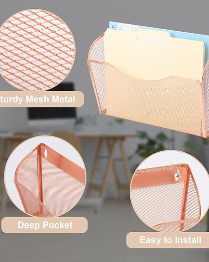 EASEPRES 3 Single Pocket Mesh Hanging File Organizer, Vertical Wall Mounted Magazine File Holder, Mount Basket Mail Paper Document Folder Organizing for Office, Home and School, Rose Gold
