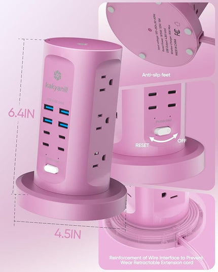 Power Strip Tower, kakyanill Surge Protector Tower 9 AC Outlets 8 USB (4 USB C), 6 Ft Retractable Extension Cord, Charging Station for Office Dorm Room, Purple