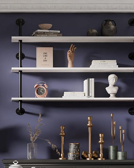 Industrial Pipe Shelving Rustic White Pipe Wall Shelves Industrial Shelves with Wood Planks Floating Shelves 48 Inch Farmhouse Bathroom,Kitchen Shelving Wall Mounted