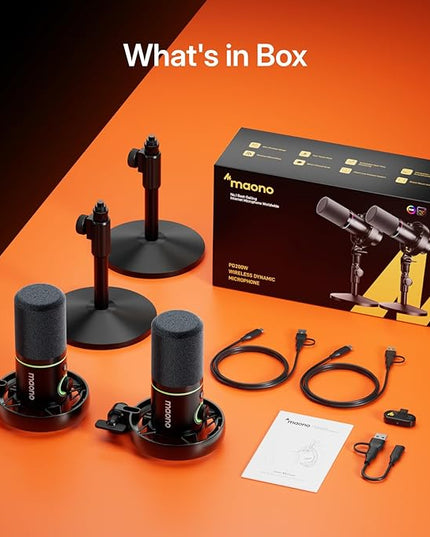 MAONO PD200W Hybrid Wireless Podcast Equipment Bundle for 2, XLR USB Dynamic Microphone Kit with 2 Desktop Stand, Software, Noise Cancellation, for Co-hosted podcast, Vocal Recording, Content Creation