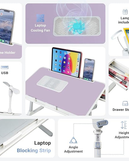 iXTRA Laptop Lap Desk Include Cooling Fan,Adjustable Lap Desk with Light Fan,Folding Laptop Desk for Bed with USB,Bed Desk with Storage Drawer 56x32cm,Purple