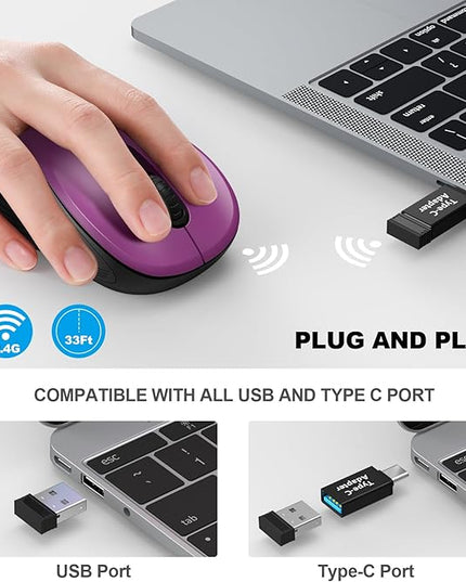 WisFox 2.4G Wireless Mouse for Laptop, Ergonomic Computer Mouse with USB Receiver and Type-C Adapter, 3 Adjustable Levels, 6 Button Cordless Wireless Mice for Windows Mac PC Notebook (Purple)