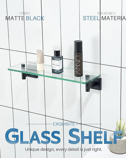 KOKOSIRI Bathroom Shelves Glass Floating Shelf 16-Inch for Bedroom, Living Room, Kitchen, Small Hanging Rack Rustproof Wall Mounted Black B1105BK-L16