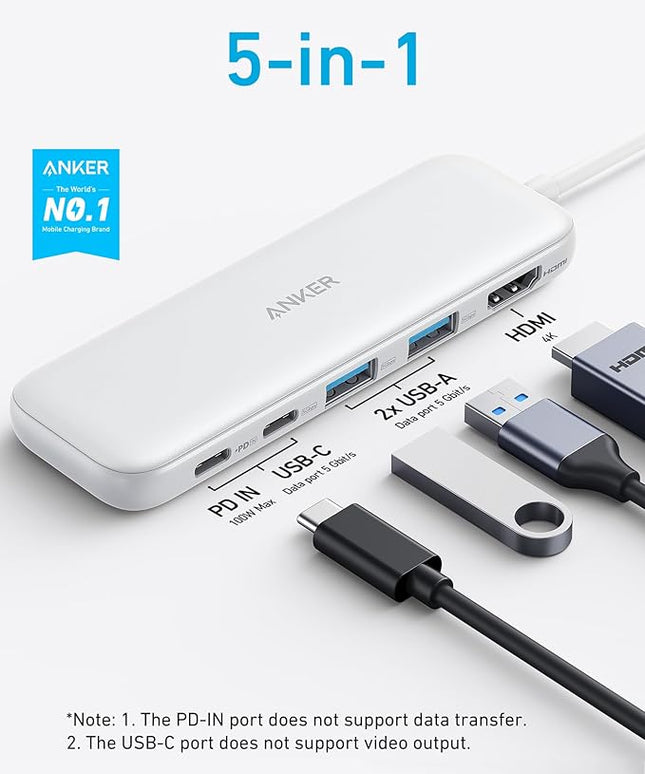 Anker USB C Hub, 5-in-1 USBC to HDMI Splitter with 4K Display, 1 x Powered USB-C 5Gbps & 2×Powered USB-A 3.0 5Gbps Data Ports for MacBook Pro, MacBook Air, Dell and More (White)