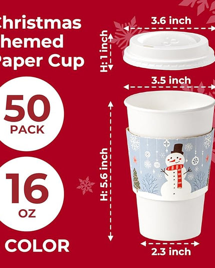 Fit Meal Prep 50 Pack 16 oz Christmas Disposable Coffee Cups with Lids, Sleeves, Leak-Proof To Go Coffee Cups with Lids, Durable Holiday Hot Paper Cups for Home, Office, Party, Business