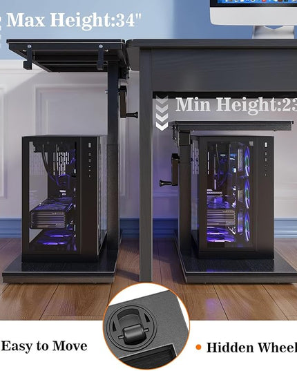 Height Adjustable Computer Tower Stand with Wheels and Charging Station,2-Tier PC Stand for Floor or Carpet,PC Holder Under Desk for ATX-Case,Office,Home,Gaming Room (Black)